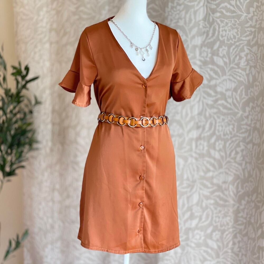 Nasty Gal Rust Satin Shirt Dress Button-Up Short Sleeve Mini Dress Size 2